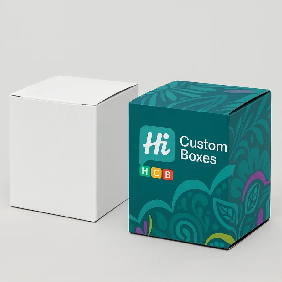 Custom square tuck-end boxes- one white- one teal with a vibrant green and purple pattern- class=